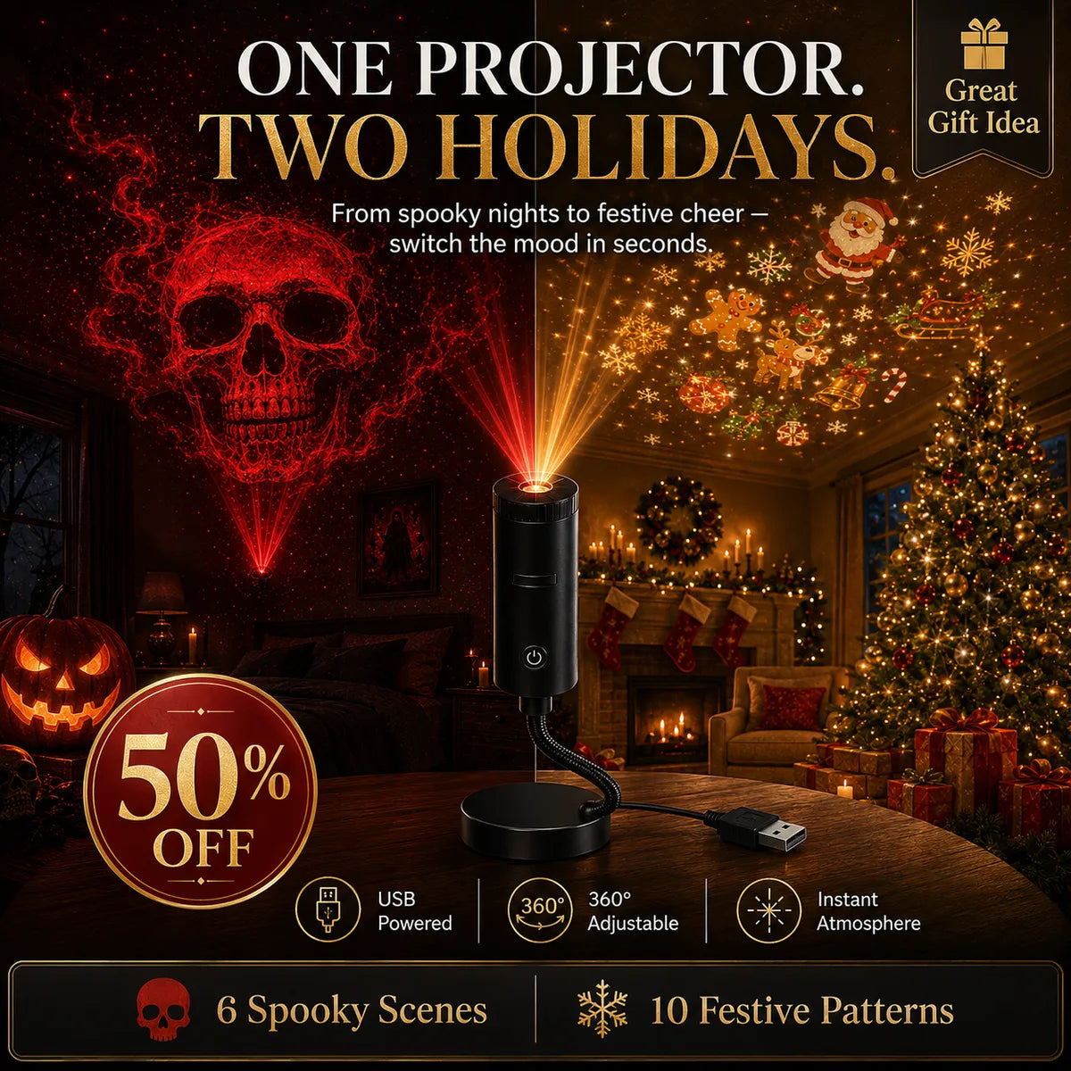 🎄👻 ✨ Plug & Play HD Holiday Projector for Christmas & Halloween Decor