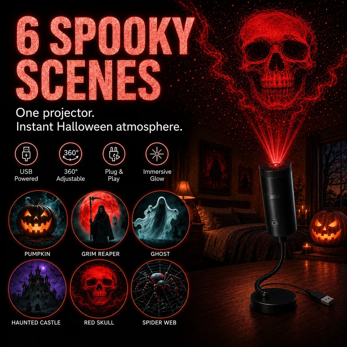 🎄👻 ✨ Plug & Play HD Holiday Projector for Christmas & Halloween Decor