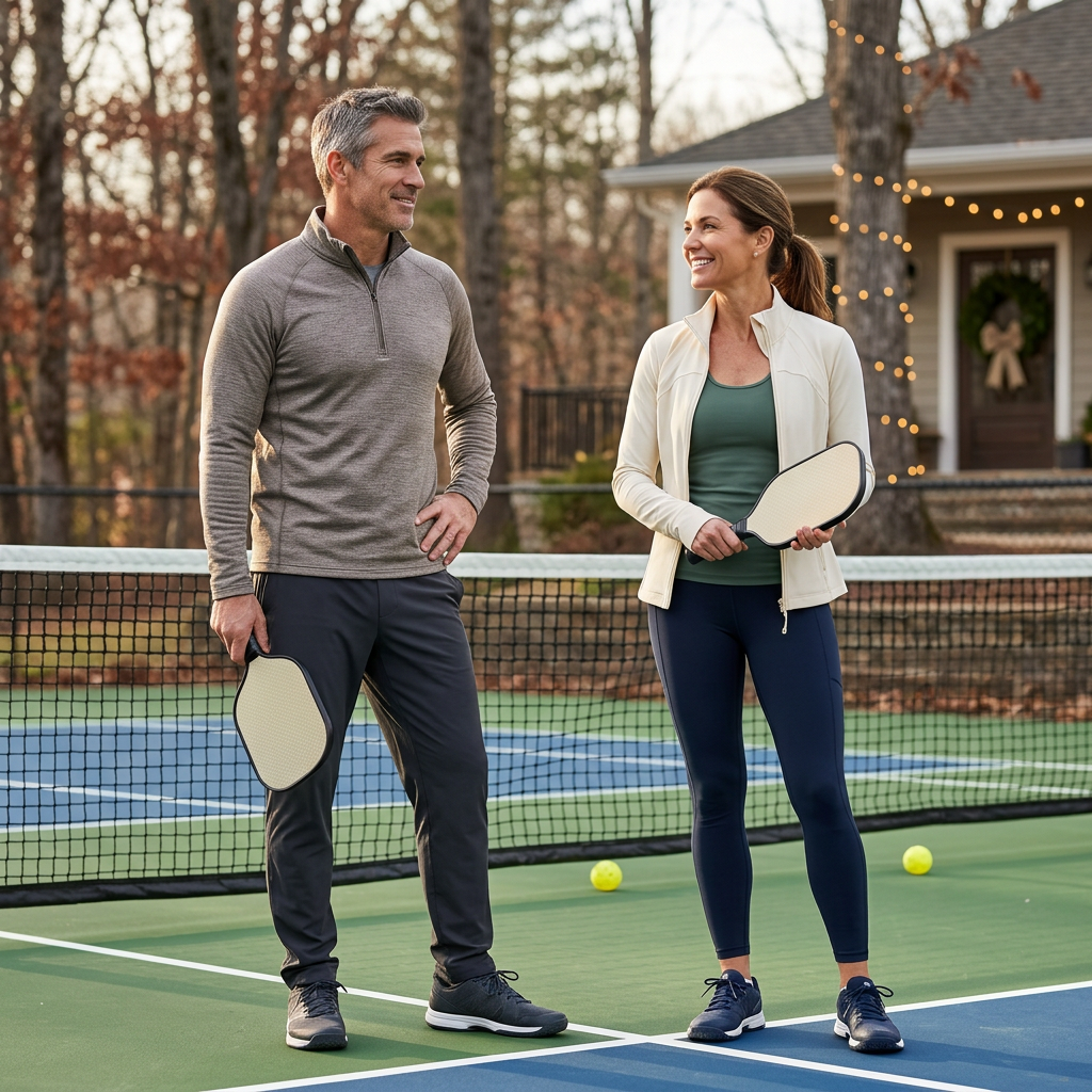 Hai người mặc đồ thể thao trên sân pickleball với không khí Noel nhẹ nhàng